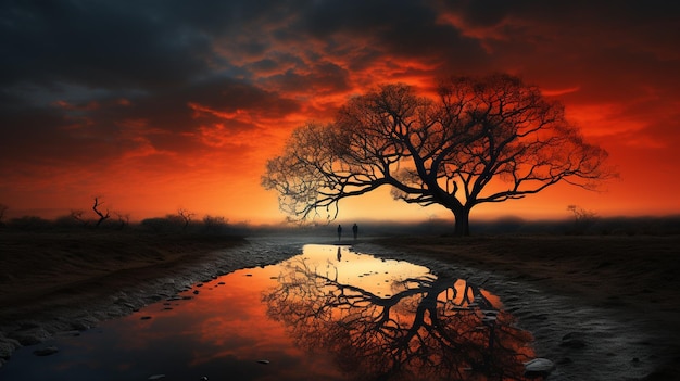 un atardecer con un árbol y un reflejo de un atardecer.