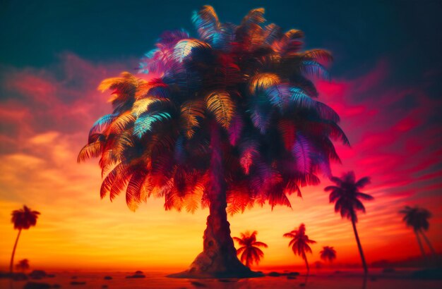 Atardecer de árbol tropical con colores y palma de coco.