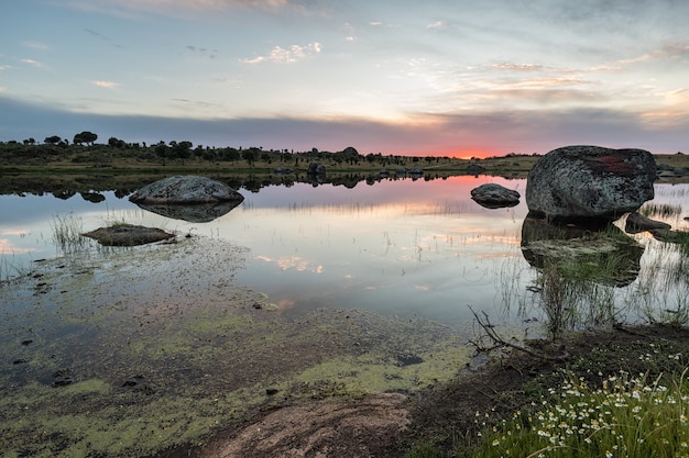 Atardecer en un área natural con un lago