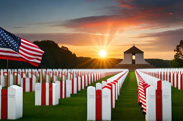 Un atardecer con la bandera americana en primer plano