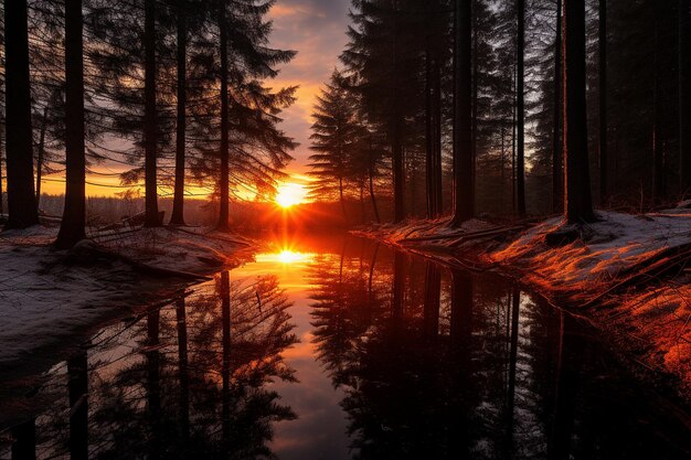 El atardecer del bosque proyecta cálidos reflejos en el agua