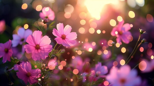 Foto el atardecer brilla sobre las flores rosadas del cosmos