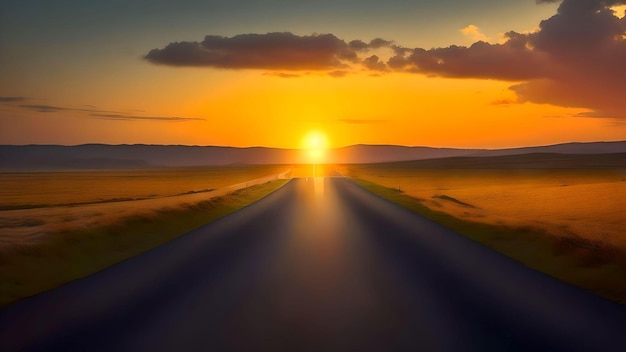 el atardecer en el camino sobre el cielo borroso del atardecer AI generado