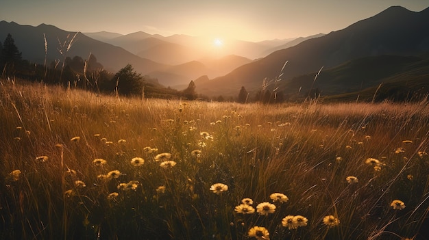 Atardecer en un campo de flores con una montaña al fondo