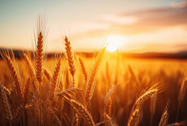 Atardecer en campo de trigo stock naranja y oro ai generado