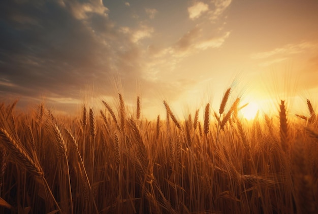 Atardecer en campo de trigo stock naranja y oro ai generado