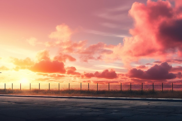 Atardecer en la carretera asfaltada con nubes en el fondo del cielo