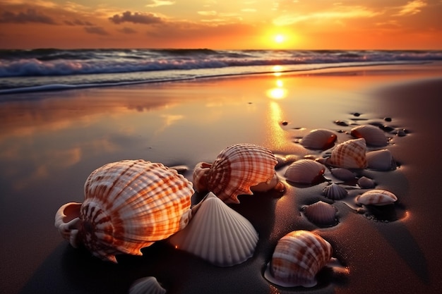 Un atardecer con conchas en la playa