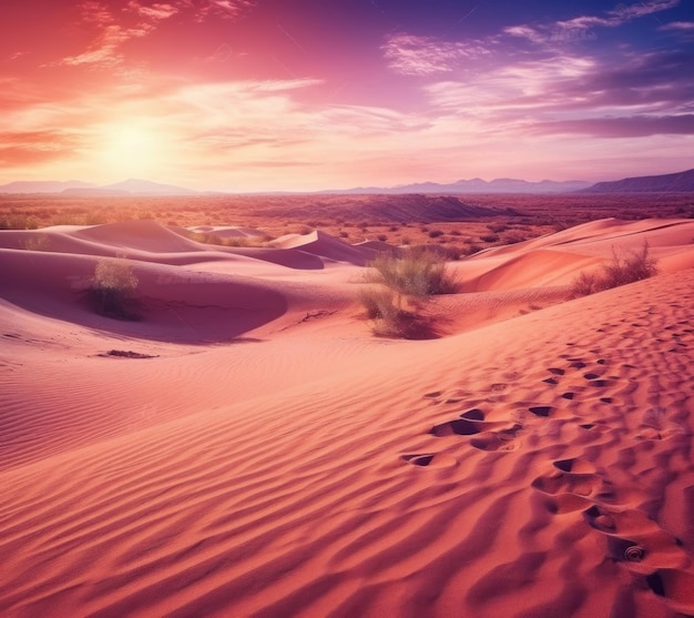 Atardecer en el desierto con un cielo morado