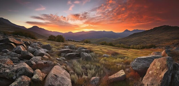 Un atardecer en el desierto con una montaña al fondo