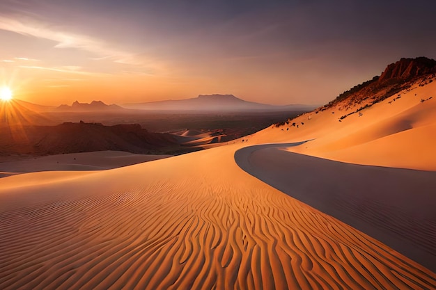 Un atardecer en el desierto con una montaña al fondo