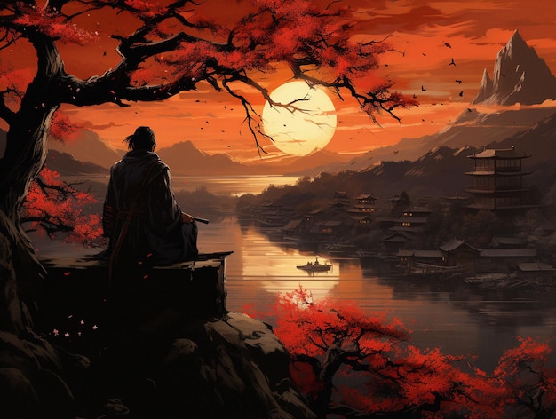 Atardecer de Edo con samuráis y flores de cerezo