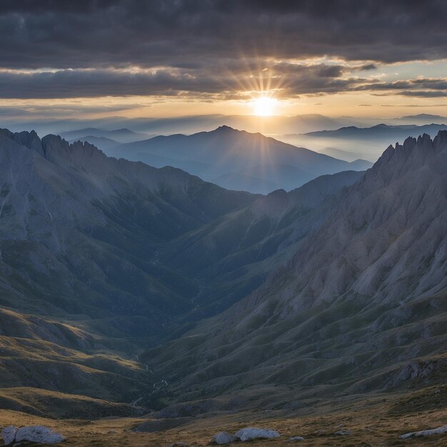 Atardecer em la montanas vistas de postales