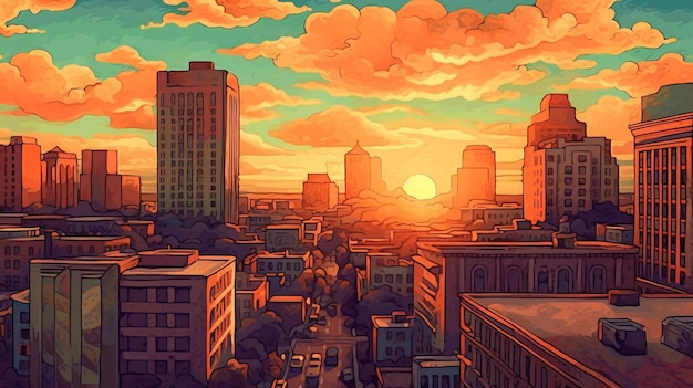 Atardecer en Fort Worth de la década de 1930 en Pixel Art