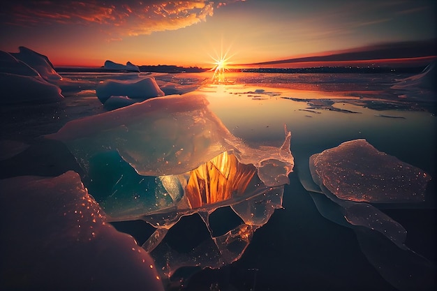 Foto atardecer y hielo en el margenerativo ai