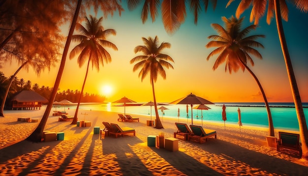 Foto un atardecer idílico en una playa tropical con palmeras y sillones