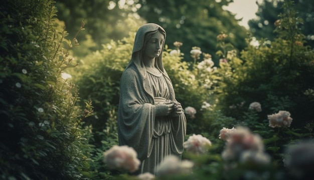 El atardecer ilumina la tranquila estatua de la madre que medita en un jardín formal generado por IA