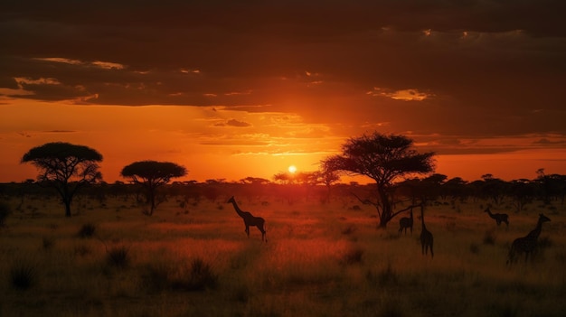 Un atardecer con jirafas en primer plano y un atardecer de fondo.