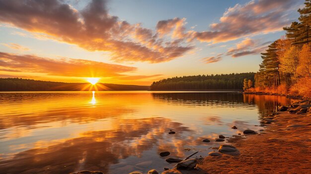 un atardecer con un lago y una puesta de sol en el fondo