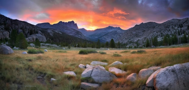 Un atardecer con una montaña al fondo