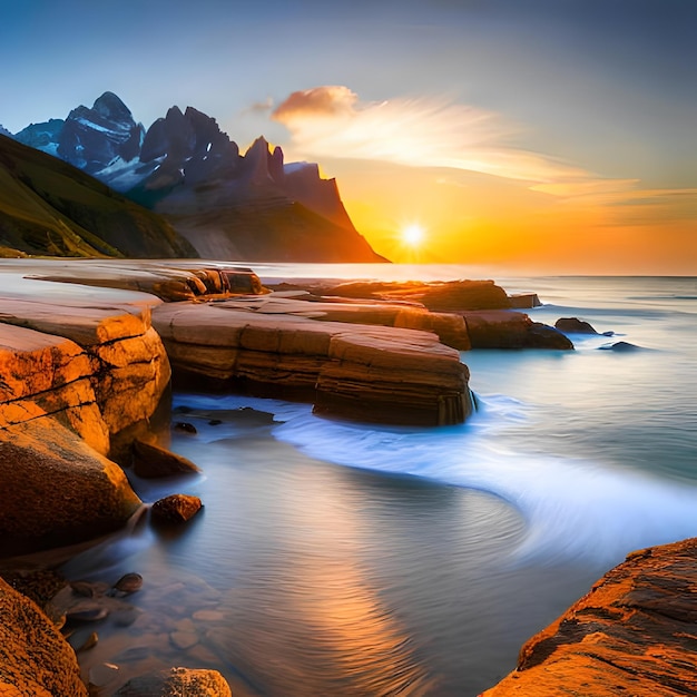 Un atardecer con una montaña al fondo