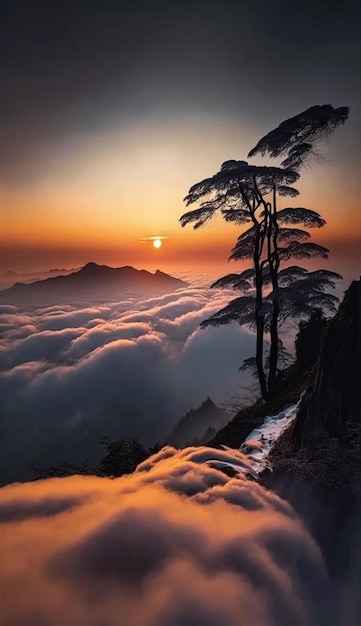 Un atardecer en la montaña con una montaña al fondo