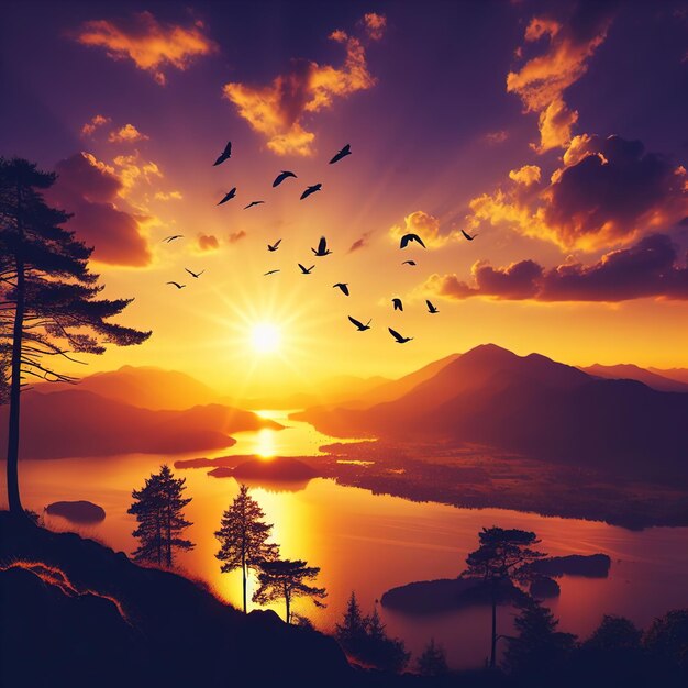 Foto el atardecer en las montañas el atardece en las montañas la puesta de sol sobre el lago
