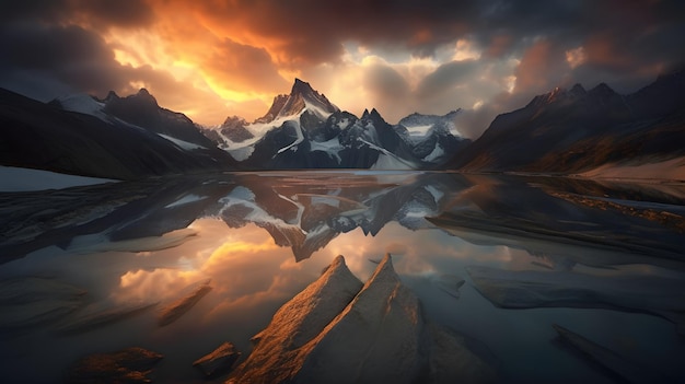 Un atardecer con montañas y nubes de fondo