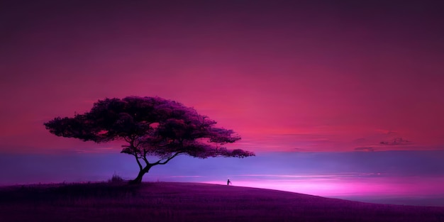 Un atardecer morado con un árbol en el horizonte