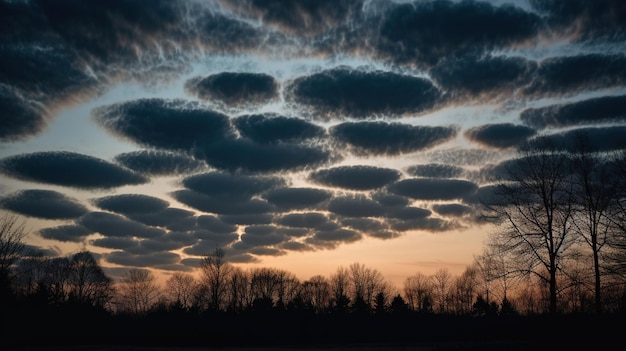 Un atardecer con nubes y árboles al fondo