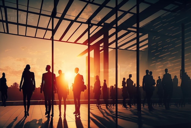 Atardecer en las oficinas de negocios silueta de ejecutivos caminar por los pasillos contra la luz de sus empresas corporativas Ai generado