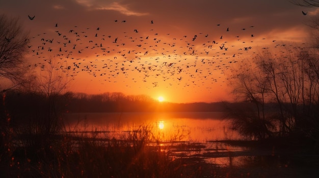 Un atardecer con pájaros volando en el cielo