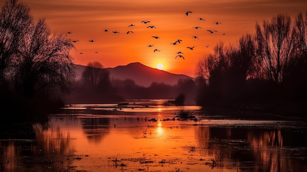 Foto un atardecer con pájaros volando sobre un lago.