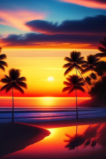 Un atardecer con palmeras en la playa.
