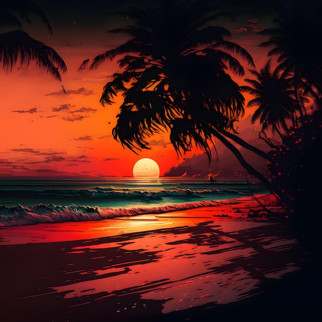 Un atardecer con palmeras y el sol en el horizonte
