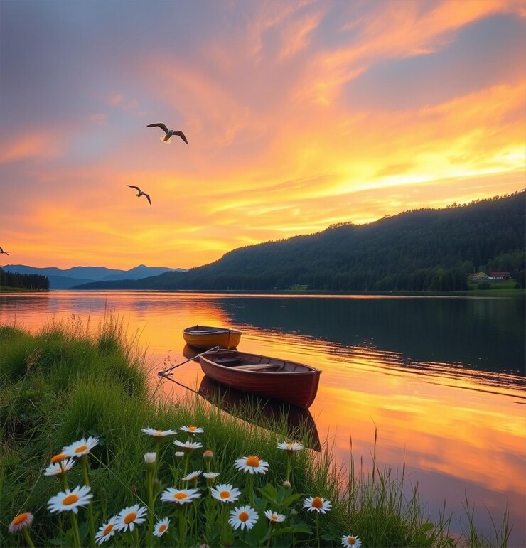 Un atardecer panorámico sobre el lago con un barco rojo y flores silvestres