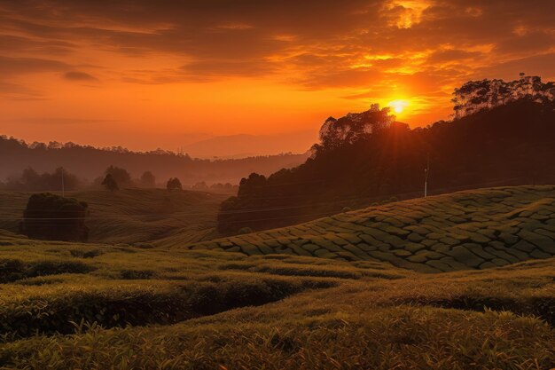 Atardecer en una plantación de té con tonos naranjas y amarillos brillando en el cielo