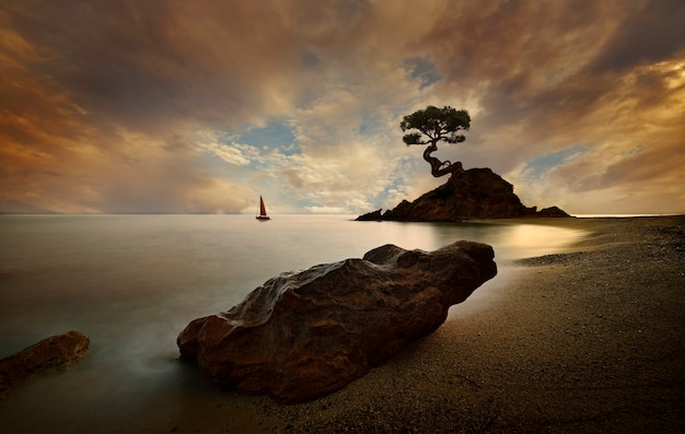 Atardecer en la playa con algunas rocas.