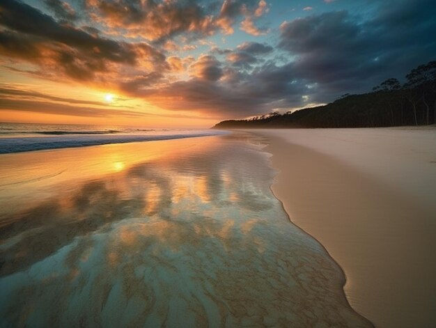 Un atardecer en la playa con un cielo nublado