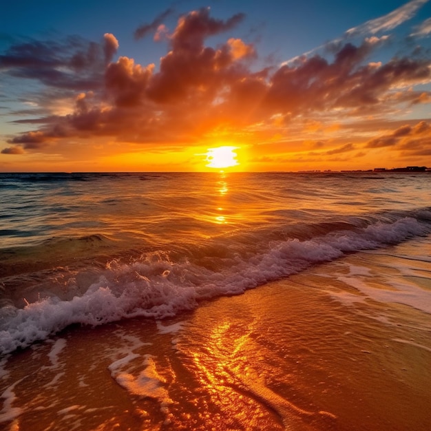 Un atardecer en la playa con un dorado atardecer de fondo