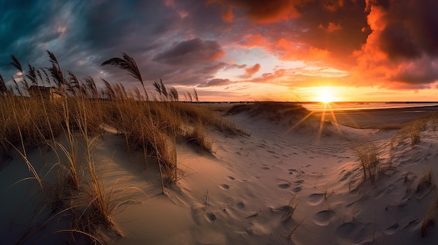 Atardecer en la playa de dunas IA generativa