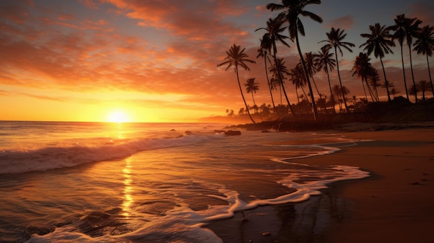 Un atardecer en una playa con palmeras al fondo.