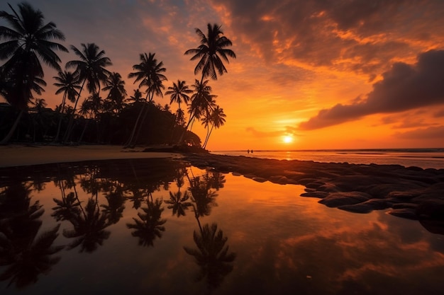 Un atardecer en la playa con palmeras en primer plano