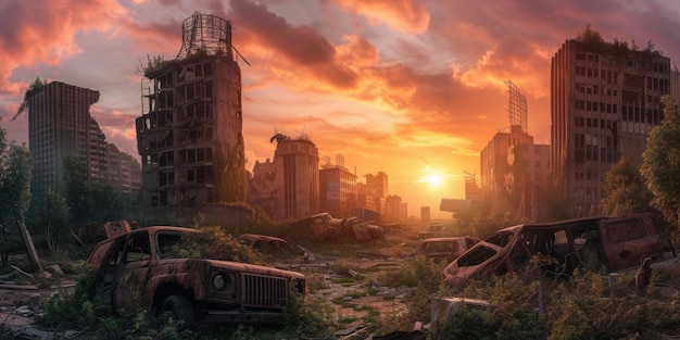 Un atardecer post-apocalíptico sobre una ciudad abandonada resplandeciente