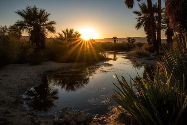 Atardecer con la puesta de sol sobre un oasis en el desierto arrojando rayos dorados de luz creados con generativo