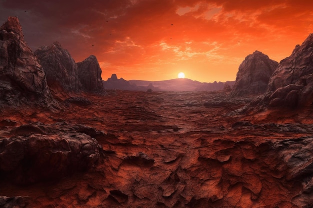 Atardecer rojo anaranjado de Marte con horizonte polvoriento y paisaje rocoso creado con ai generativo