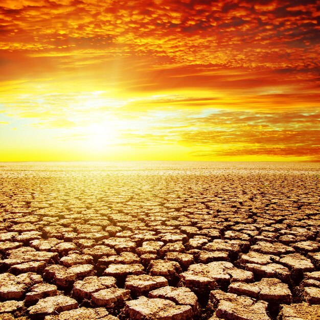 el atardecer rojo sobre la tierra seca