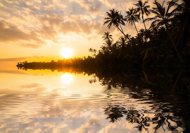 Atardecer romántico en una playa tropical con palmeras Reflejo de palmeras en el agua