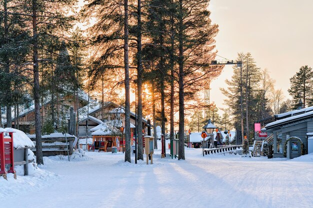 Atardecer en Santa Village con árboles de Navidad en Laponia, Finlandia, en el Círculo Polar Ártico en invierno.
