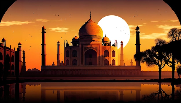 Un atardecer con un taj mahal de fondo